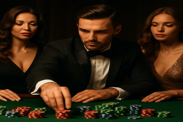 একজন নারী ল্যাপটপে অনলাইন গেম খেলছেন, চারপাশে উজ্জ্বল ক্যাসিনো পরিবেশ ছড়িয়ে পড়েছে