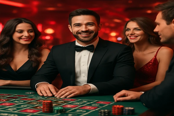 একজন পুরুষ অনলাইন গেমে জয় উদযাপন করছেন, চারপাশে গেমিং প্রতীকগুলো ভেসে উঠছে